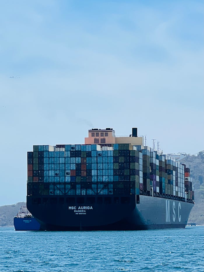 Massive cargo ship MSC Auriga sails through open waters, transporting goods globally.